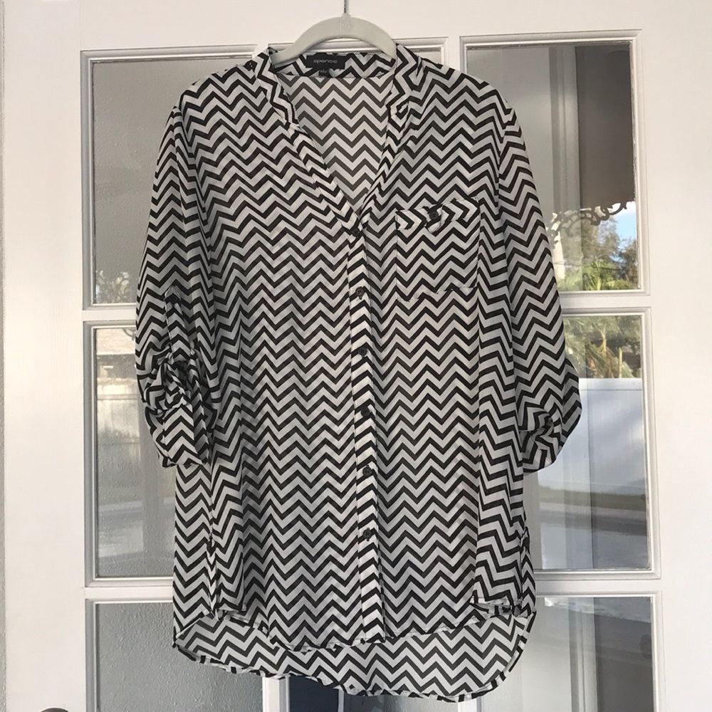 White and black chevron button up blouse